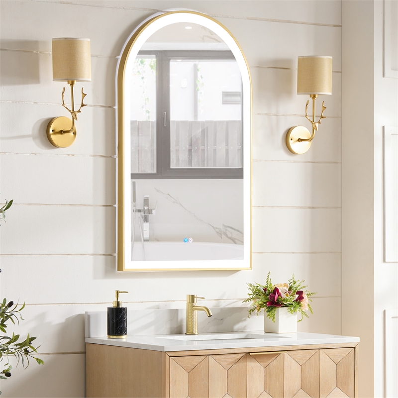 Estartit 24 in.W x 40 in.H Arch Aluminum Framed LED Bath Mirror in Brushed Gold