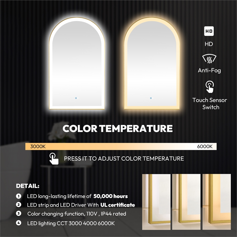 Estartit 24 in.W x 40 in.H Arch Aluminum Framed LED Bath Mirror in Brushed Gold