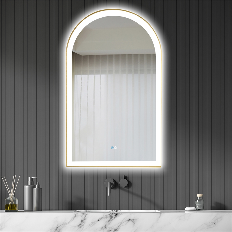 Estartit 24 in.W x 40 in.H Arch Aluminum Framed LED Bath Mirror in Brushed Gold