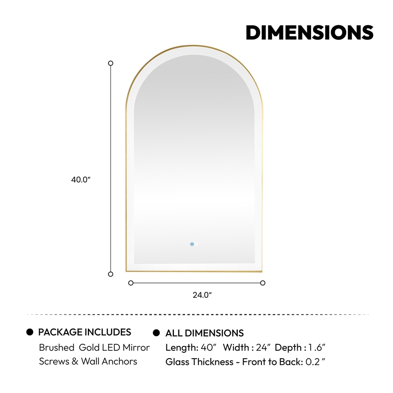 Estartit 24 in.W x 40 in.H Arch Aluminum Framed LED Bath Mirror in Brushed Gold