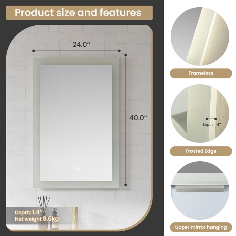 Beijing 24 in. W x 40 in. H Rectangular Acrylic Frameless LED Bathroom Mirror