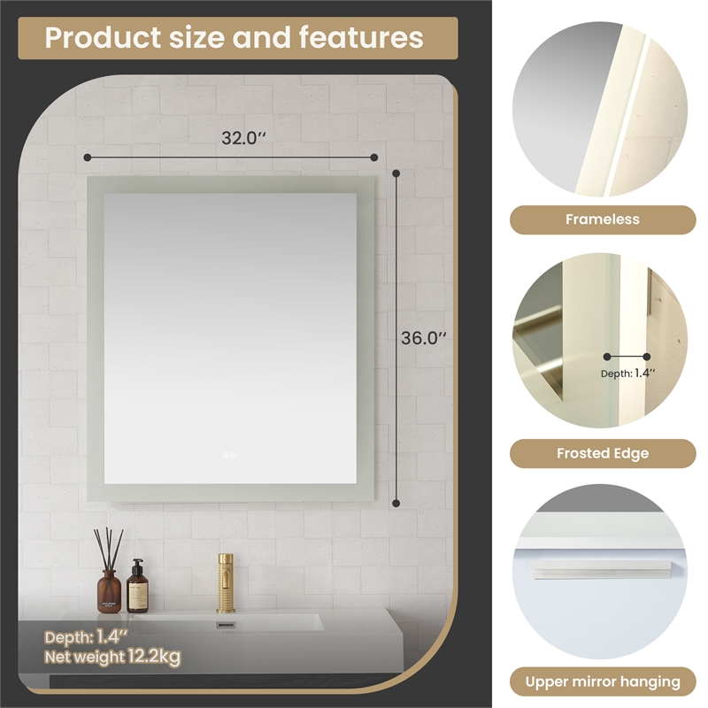 Beijing 32 in. W x 36 in. H Rectangular Acrylic Frameless LED Bathroom Mirror