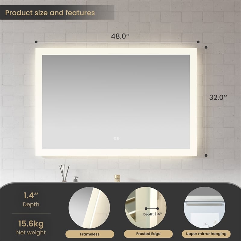 Beijing 48 in. W x 32 in. H Rectangular Acrylic Frameless LED Bathroom Mirror