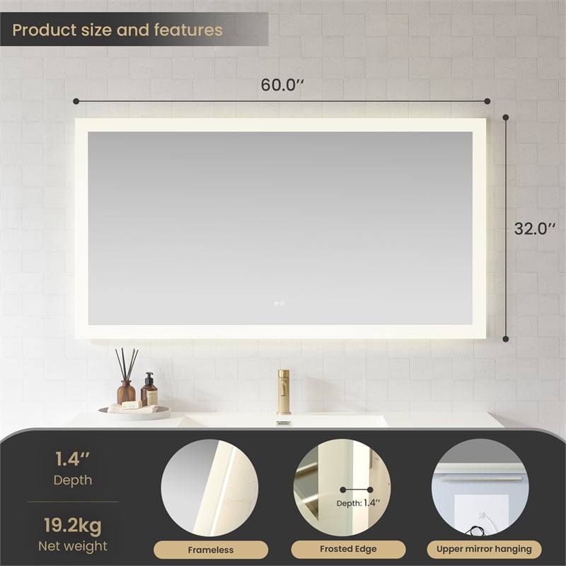 Beijing 60 in. W x 32 in. H Rectangular Acrylic Frameless LED Bathroom Mirror