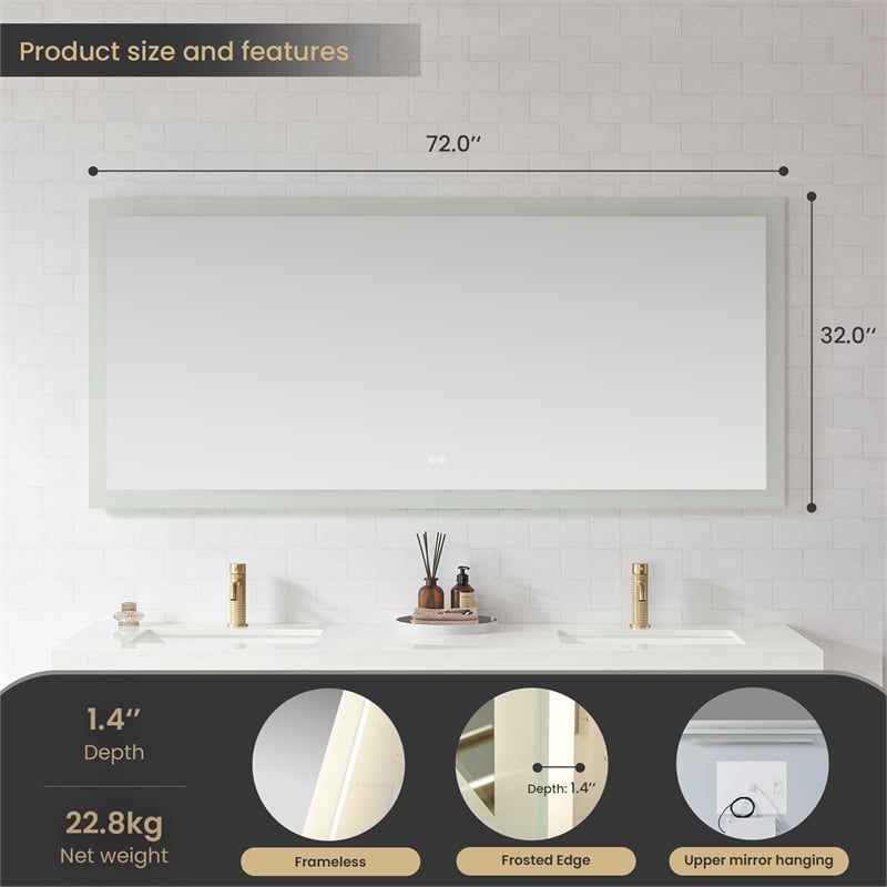 Beijing 72 in. W x 32 in. H Rectangular Aluminum Frameless LED Bathroom Mirror