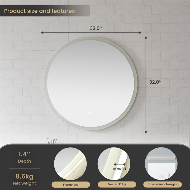 Moscow 32 in. W x 32 in. H Circular Aluminum Frameless LED Bathroom Mirror