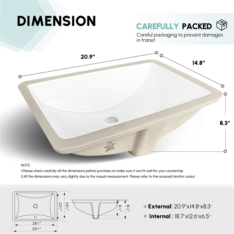 Lyon Rectangular Undermount Ceramic Bathroom Sink with Overflow in White