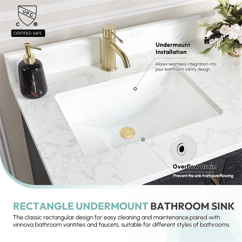 Lyon Rectangular Undermount Ceramic Bathroom Sink with Overflow in White