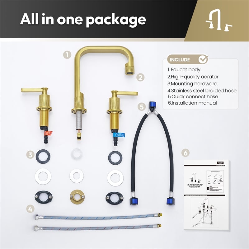 Vinnova New York Widespread Brushed Gold Bathroom Basin Sink Faucet