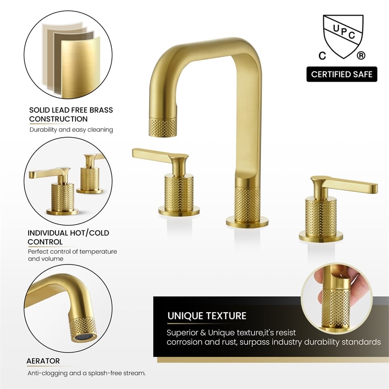 Vinnova New York Widespread Brushed Gold Bathroom Basin Sink Faucet