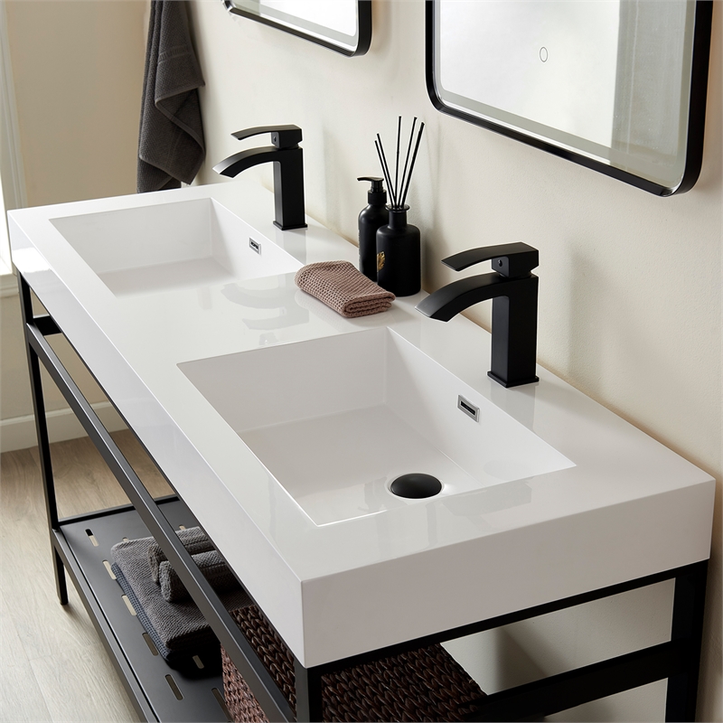 Ablitas 59.8 in. Rectangular White Composite Granite Stone Console Bathroom Sink