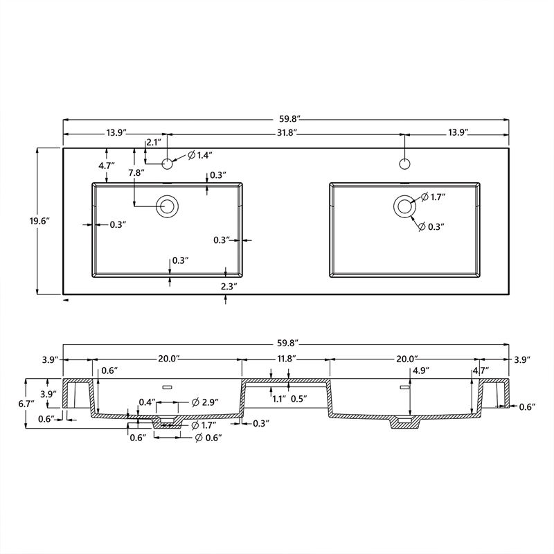 Ablitas 59.8 in. Rectangular White Composite Granite Stone Console Bathroom Sink