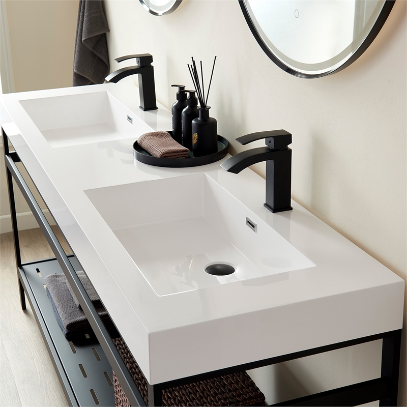 Ablitas 71.7 in. Rectangular White Composite Granite Stone Console Bathroom Sink
