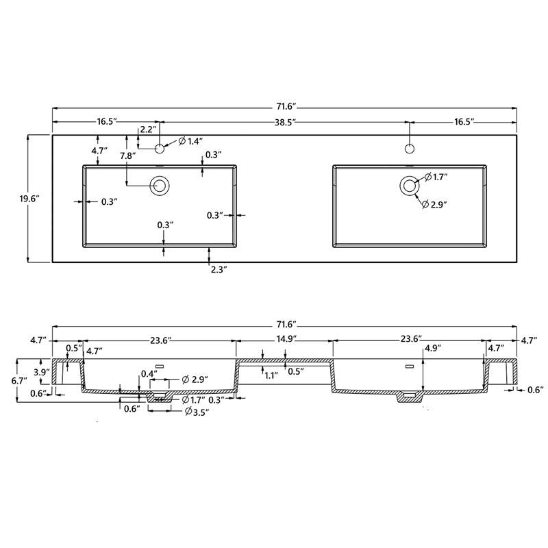 Ablitas 71.7 in. Rectangular White Composite Granite Stone Console Bathroom Sink