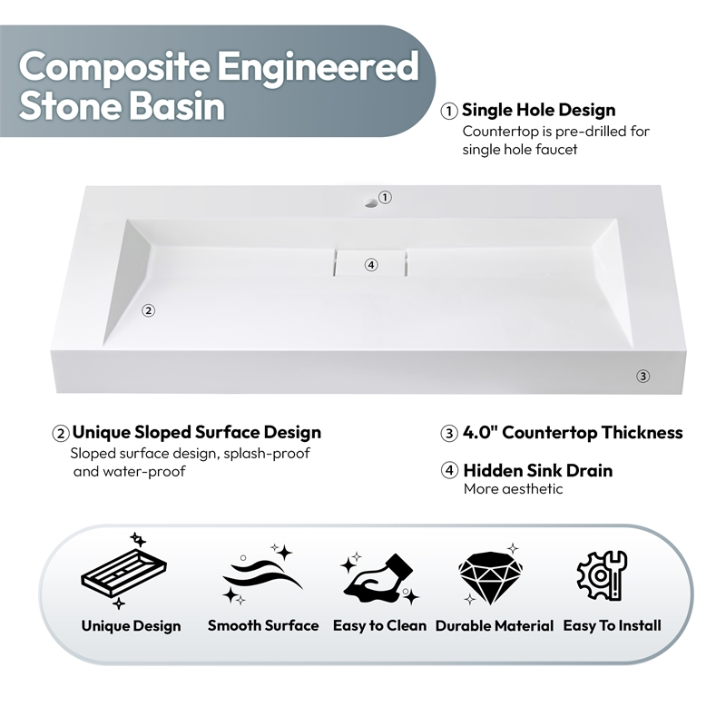 Vera 47.4 in. Rectangular White Composite Granite Stone Console Bathroom Sink