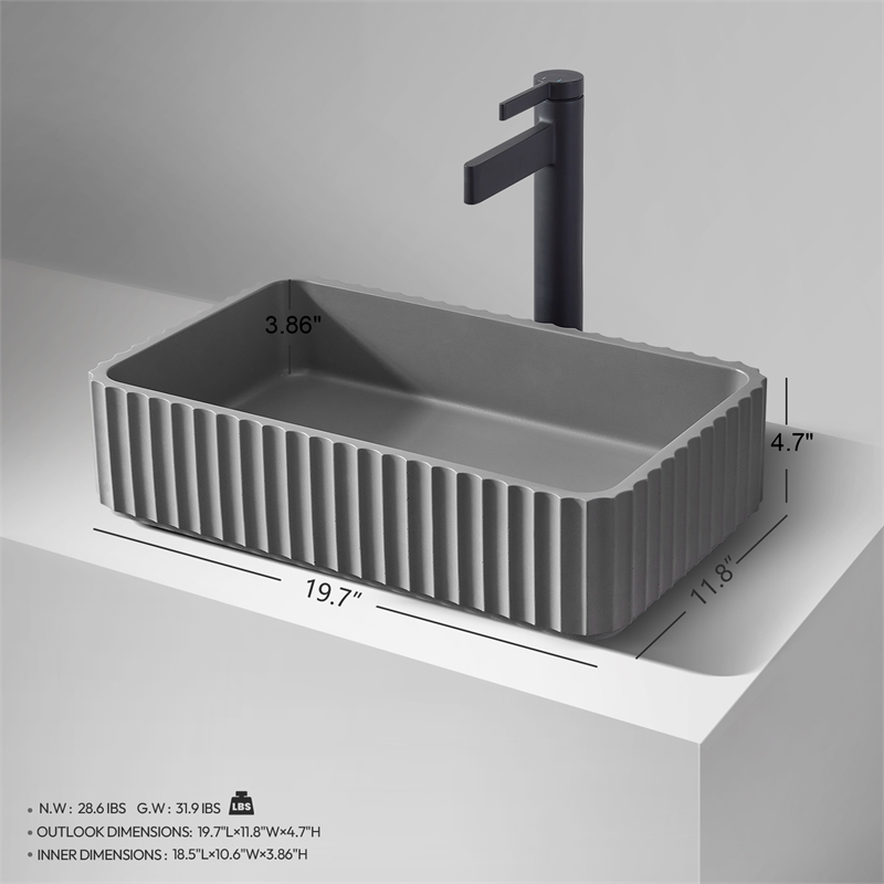Sao Paulo Rectangular Concrete Vessel Bathroom Sink in Gray