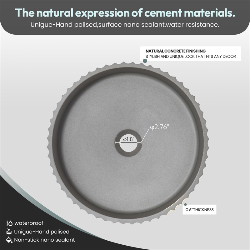 Lagos Circular Concrete Vessel Bathroom Sink in Gray