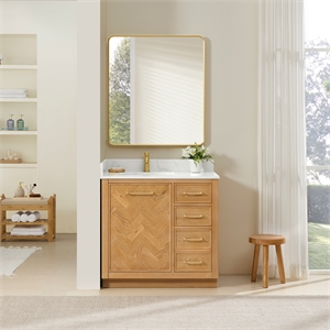 Jakarta 36&quot Single Bath Vanity in Oak Natural Brown with White Quartz Stone Top