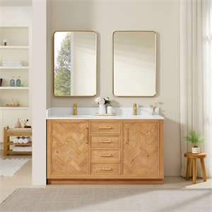 Jakarta 60&quot Double Bath Vanity in Oak Natural Brown with White Quartz Stone Top