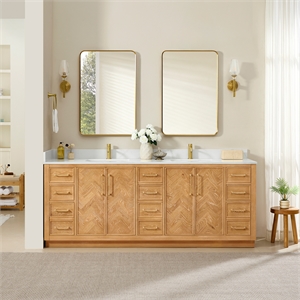 Jakarta 84&quot Double Bath Vanity in Oak Natural Brown with White Quartz Stone Top