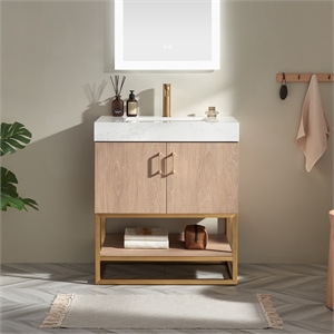 Alistair 30&quot Single Vanity in North American Oak with White Grain Stone Top