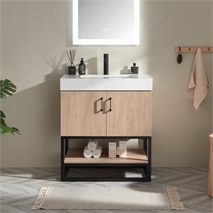 Alistair 30&quot Single Vanity in North American Oak with White Grain Stone Top