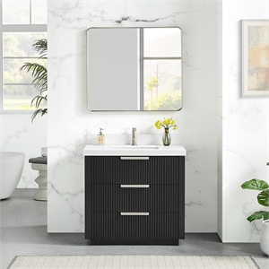 Santarem 36&quot Single Vanity in Oak Weathered Black with White Quartz Stone Top