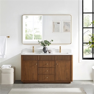 Zogno 60&quot Double Sink Bath Vanity in Natural Walnut with White Grain Stone Top