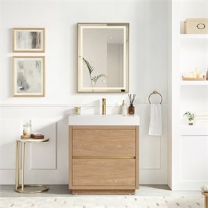 Huesca 30&quot Single Vanity in North American Oak with White Stone Top & Mirror