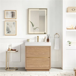 Huesca 30&quot Single Bath Vanity in North American Oak with White Stone Sink Top