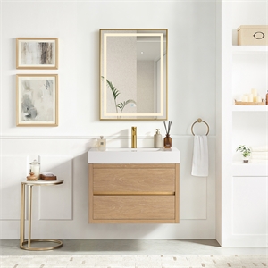 Palencia 30&quot Single Vanity in North American Oak with White Stone Top & Mirror