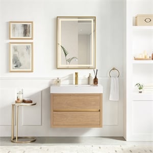 Palencia 30&quot Single Floating Vanity in North American Oak with White Stone Top