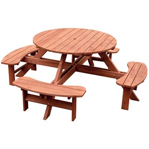 leisure season wood round picnic table with 4 benches in medium brown