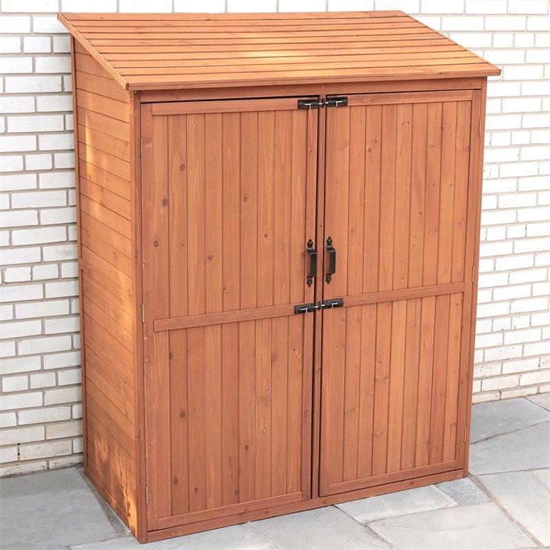 Leisure Season Wood Storage Shed with Pull Out Crates in Medium Brown
