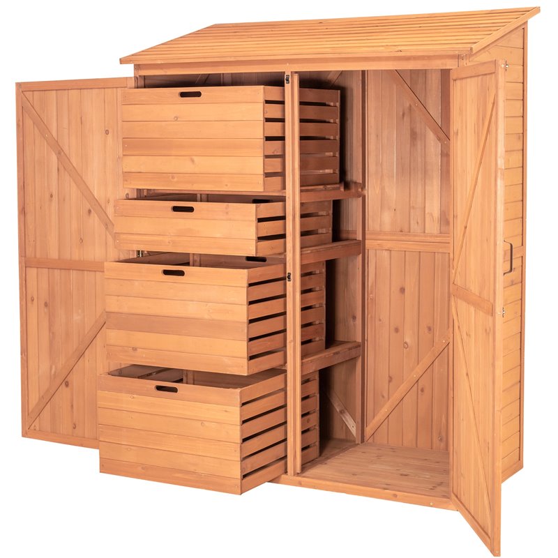 Leisure Season Wood Storage Shed with Pull Out Crates in Medium Brown