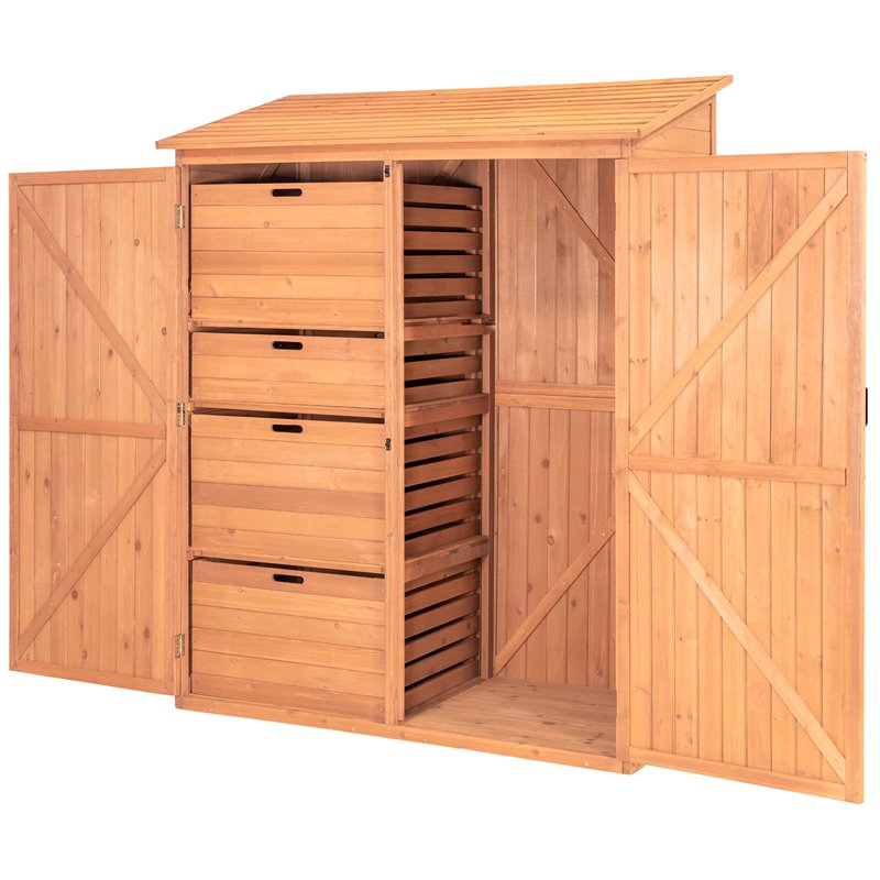 Leisure Season Wood Storage Shed with Pull Out Crates in Medium Brown