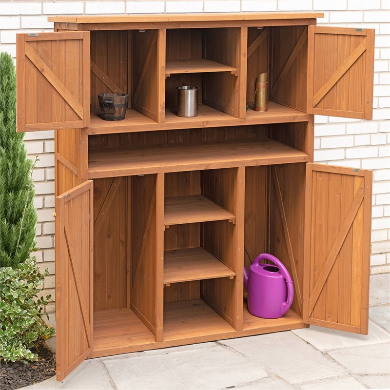 Leisure Season Wood Tall Display and Hideaway Storage Cabinet in Medium Brown