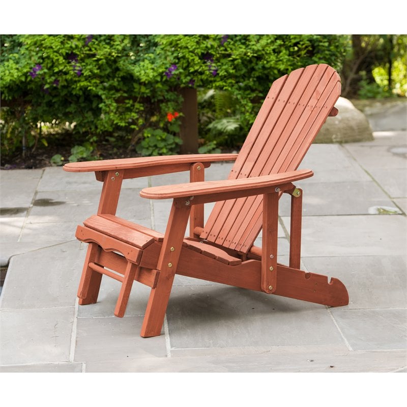 Leisure Season Wood Reclining Adirondack Chair With Pull-Out Ottoman in Brown