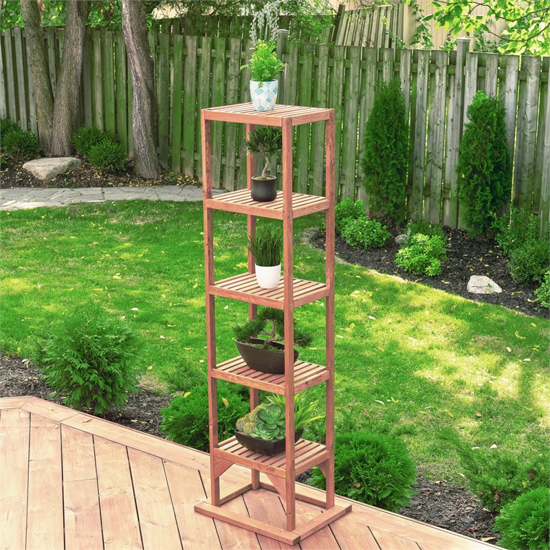 Leisure Season 5-Shelf Wood Tower Plant Stand in Medium Brown