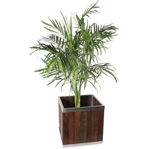 leisure season square wood planter with steel trim in dark brown