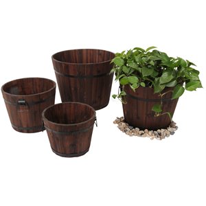 leisure season medium barrel style round wood planter in medium brown (set of 4)