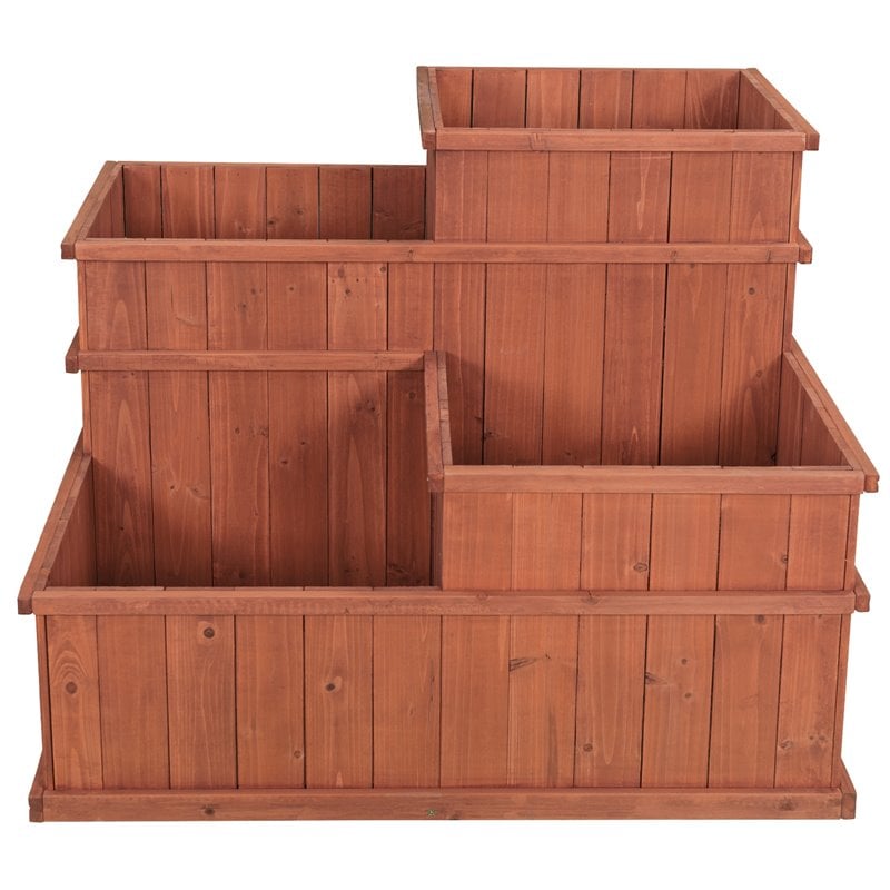 Leisure Season 4 Separate Compartments Wood Planter in Medium Brown