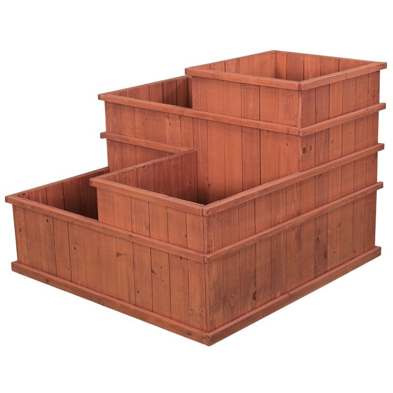 Leisure Season 4 Separate Compartments Wood Planter in Medium Brown