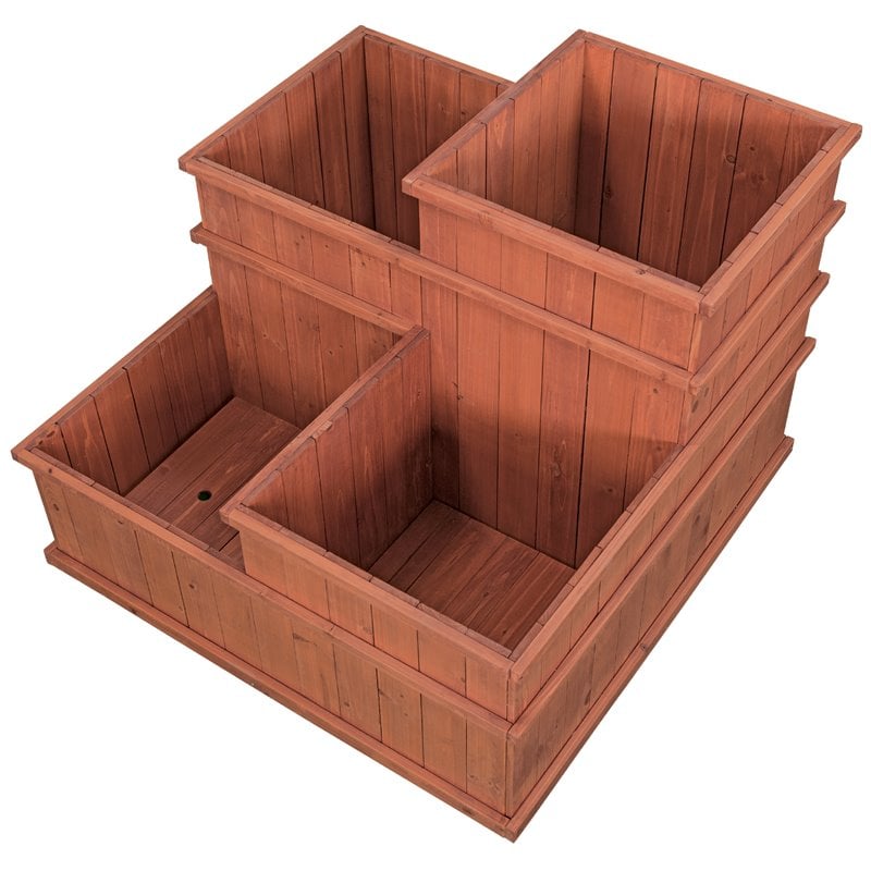 Leisure Season 4 Separate Compartments Wood Planter in Medium Brown