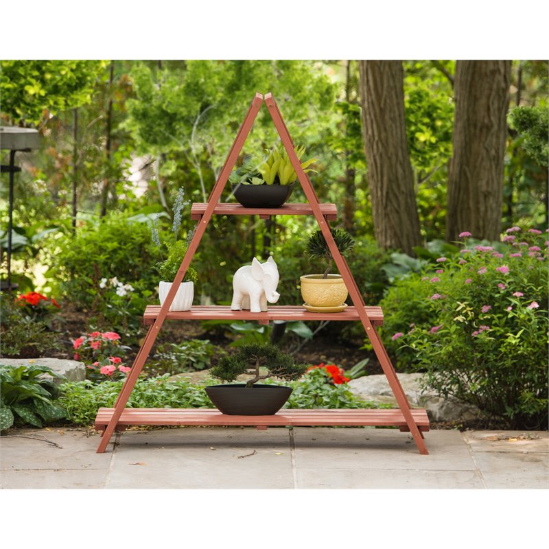 Leisure Season A-Frame Wood Ladder Plant Stand in Medium Brown