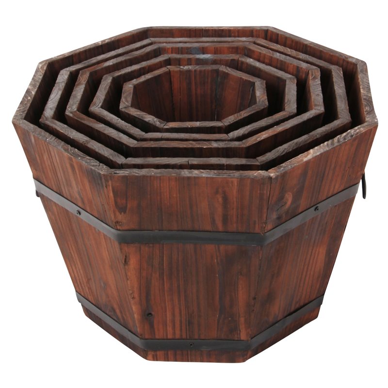 Leisure Season Barrel Style Octagonal Wood Planters in Medium Brown ...