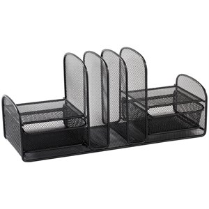 safco onyx black mesh multi-purpose desk organizer with 2 drawers and 3 upright sections