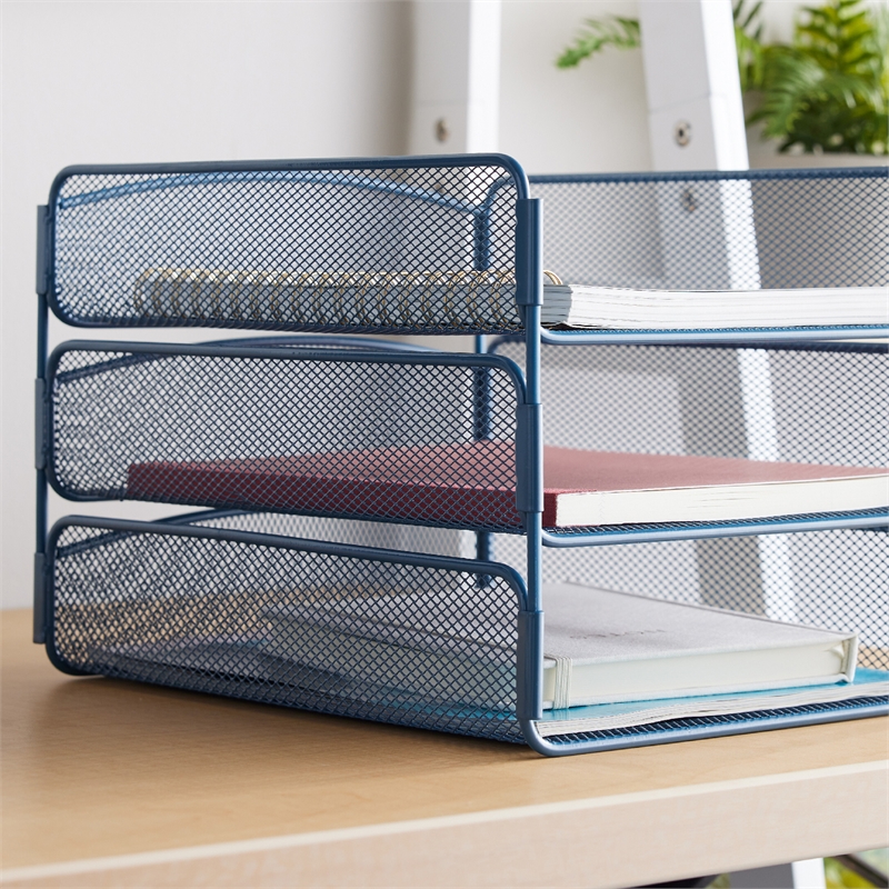Safco Onyx 3 Tray Steel Metal Desk Organizer in Blue Finish