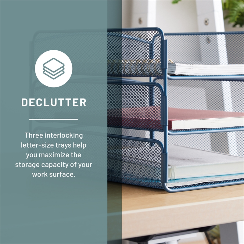 Safco Onyx 3 Tray Steel Metal Desk Organizer in Blue Finish