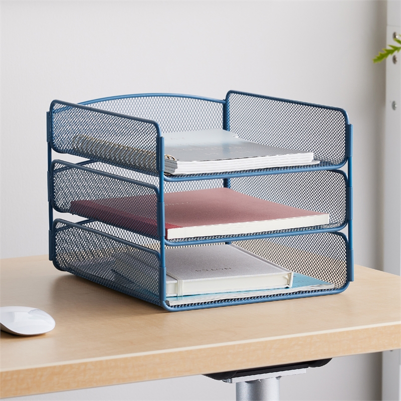 Safco Onyx 3 Tray Steel Metal Desk Organizer in Blue Finish